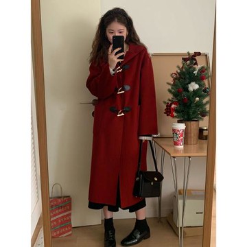 紅色雙面羊絨大衣女中長款2025秋冬季新款韓版寬松高端羊毛呢外套