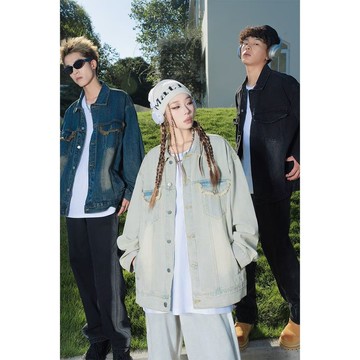 秋季寬鬆休閒百搭上衣男美式復古水洗黃泥染牛仔外套男