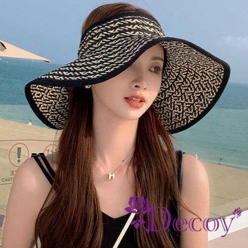 時尚休閒 加大帽沿空頂草紙漁夫遮陽帽/黑