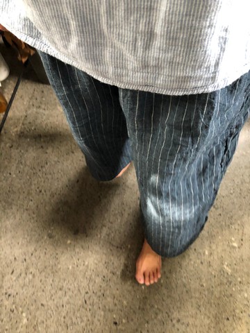 砂洗條紋亞麻寬筒褲