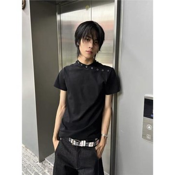 Sosick【原創正版】金屬扣交叉連身領正肩和弦針織修身T恤男女