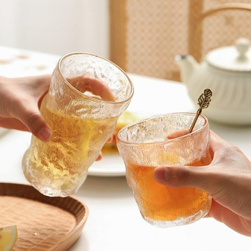 日式冰川杯家用樹皮錘紋杯耐熱磨砂玻璃杯加厚水杯茶杯果汁杯子