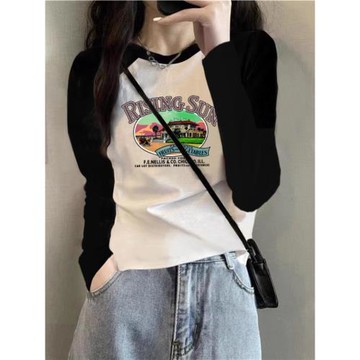 白色內搭打底衫女早秋2025新款小個子寬松拼接撞色長袖女t恤上衣