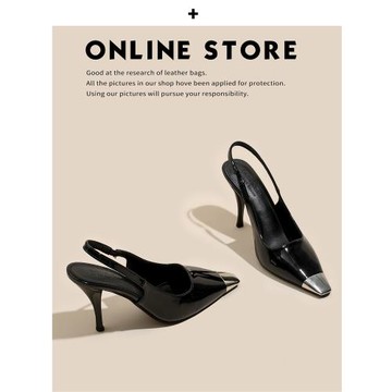 后空春季新款樸彩英高跟鞋女細跟方頭百搭性感金屬黑色漆皮女單鞋