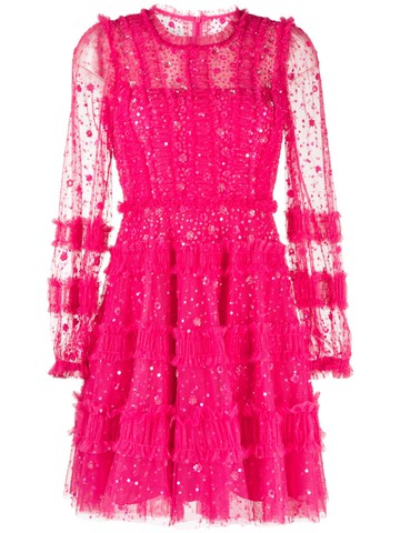 Needle & Thread - long-sleeved shimmer mini dress - women - Recycled Polyester/Recycled Polyester/Polyester/Sequin - 8 - Pink