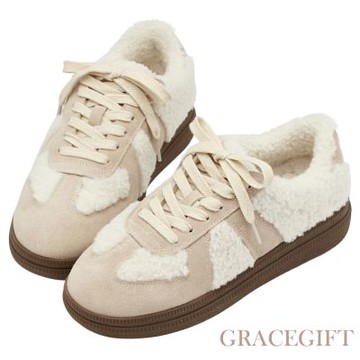 【Grace Gift】泰迪冬絨毛毛厚底德訓鞋 杏