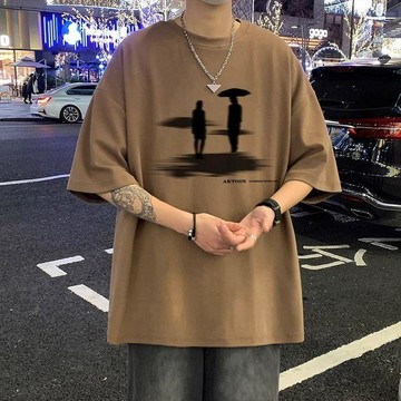 咖啡色短袖T恤男士夏季美式潮流半袖痞帥炸街中性風潮牌圓領體恤翻領 厚磅 運動 質感 寬鬆 襯衫 短袖 短Tee
