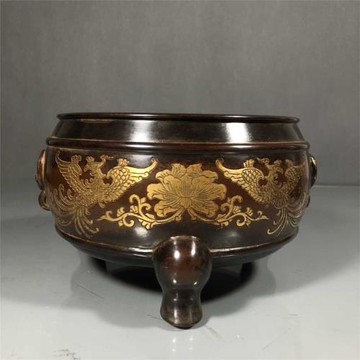老件紫銅雕花鎏金高12*20*18公分6.5公斤鸞鳳富貴蝙蝠耳香爐擺件