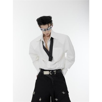 CulturE小眾雙層袖口設計感墊肩襯衫交叉領帶拼接開衫男純色上衣