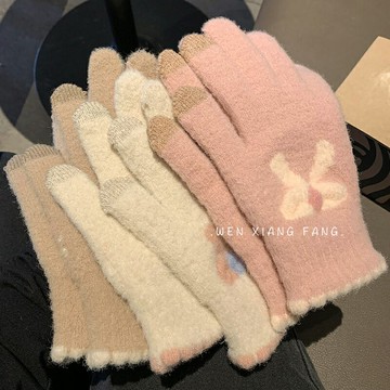 可觸屏針織手套女秋冬季毛線保暖五指可愛學生冬天騎車新款蝴蝶結