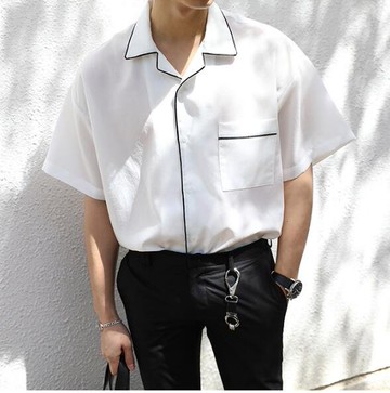 FINDSENSE MD 韓國 休閒 時尚 男 簡約 滑感面料 睡衣式 翻領短袖襯衫 素面襯衫 T恤