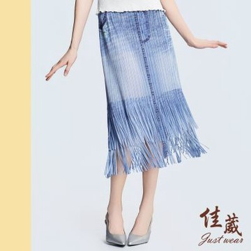 【佳葳Justwear】仿牛仔印圖流蘇長裙(女下身/女下著/壓褶/流蘇/腰頭彈性/涼感)