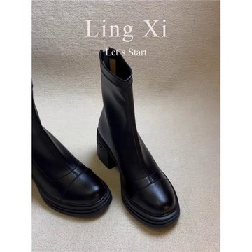 香港真皮粗跟馬丁靴女英倫風2025秋冬新款加絨瘦瘦靴百搭高跟短靴