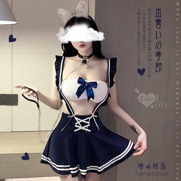 Cos角色扮演 學生水手服 ！平口裹胸木耳花邊交叉束腰連身裙三件組 E531930
