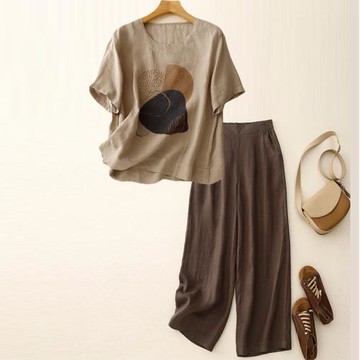 中年媽媽棉麻套裝亞麻短袖t恤女大碼寬松高端大氣時尚休閑兩件套