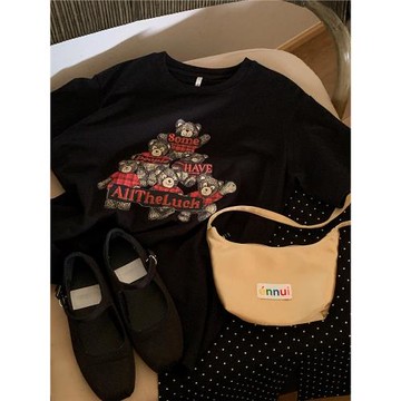 你好卡農 原創減齡小熊印花圓領短袖t恤女夏新款寬松小個子上衣