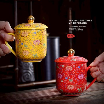 馬克杯琺瑯彩陶瓷杯子大容量水杯 創意情侶杯帶蓋禮盒套裝