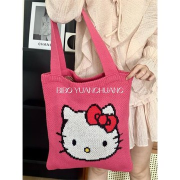 jisoo金智秀同款可愛黑皮kitty針織毛線包童趣ins單肩包手提包女