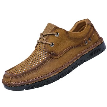 大友SAZ172口四色鏤空皮鞋男真皮透氣男款中年爸爸鞋軟底洞洞皮涼鞋男杰恆