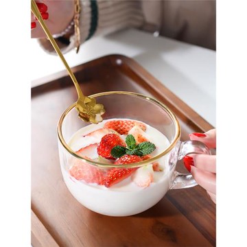 2件套北歐鋼化玻璃燕麥早餐杯帶蓋勺家用加熱大容量牛奶杯馬克杯