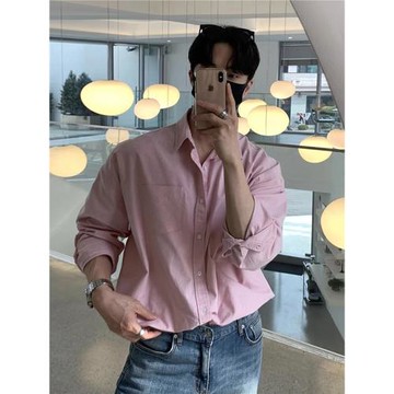 高級感痞帥粉色襯衫男長袖春秋季韓版潮流休閑寬松垂墜感襯衣外套