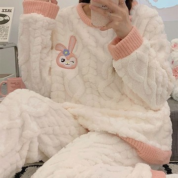 睡衣 珊瑚絨睡衣 可外穿 家居服  休閒  甜美少女 寬鬆睡衣 可愛卡通 大碼睡衣 長袖長褲 兩件套 睡衣套裝