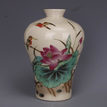 清同治粉彩荷花花鳥紋梅瓶仿古老貨瓷器家居裝飾中式擺件古玩收藏