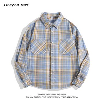 BOYUE帛躍格子長袖襯衫日系春秋學生磨毛復古情侶ins襯衣外套男女