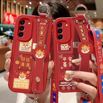 適用三星S21手機殼Galaxy S21+龍年喜慶保護套蓋樂世S21Ultra祝福文字斜挎腕帶S21FE硅膠防摔紅色好運新年款