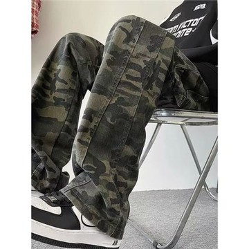 美式復古迷彩工裝牛仔褲男款高街ins潮牌寬松直筒休閑闊腿長褲子