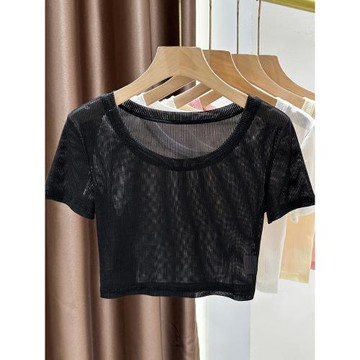 黑色吊帶裙內搭上衣女夏豎紋網紗疊穿打底衫短款半截蕾絲短袖t恤