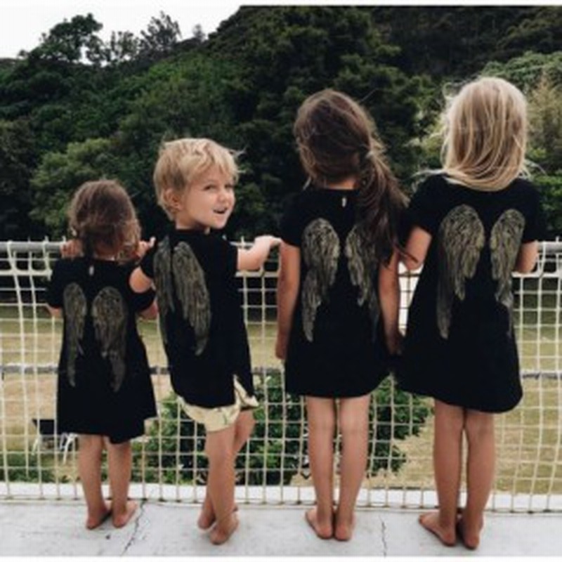 ワンピース 膝丈ワンピース Aラインワンピース Tシャツ シャツ 半袖 キッズ 子供服 天使の羽 刺繍 丸首 ラウンドネック 黒 通販 Lineポイント最大1 0 Get Lineショッピング