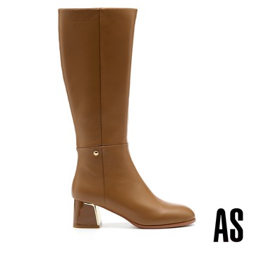 AS 時尚品味金屬小圓釦全真皮高跟長靴－棕