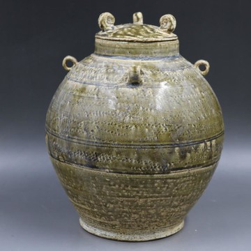 商朝越窯刻花四喜蓋罐手工仿古老貨包老瓷器家居復古擺件古董古玩1入