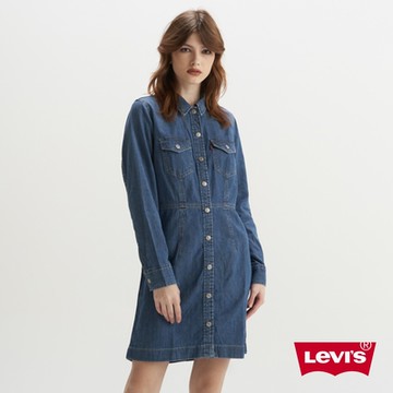 Levis 女款 牛仔外套式洋裝 / 收腰 / 淺中藍色