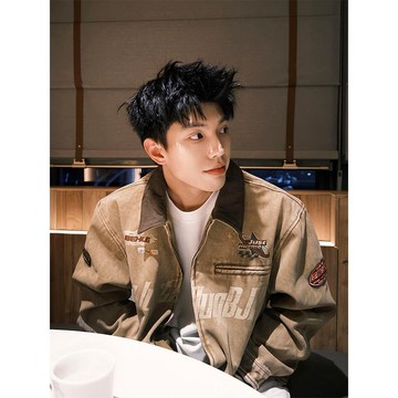 美式小眾水洗做舊短版上衣男時尚潮流翻領撞色休閒寬鬆外套男