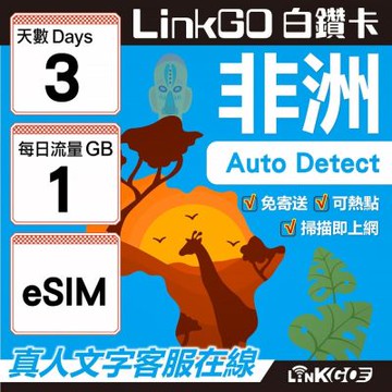 【LINKGO】白鑽卡 非洲 eSIM卡 3天上網卡 每日1GB 高速流量(非洲網卡 阿爾及利亞 突尼斯 埃及 南非 加納 留尼汪)