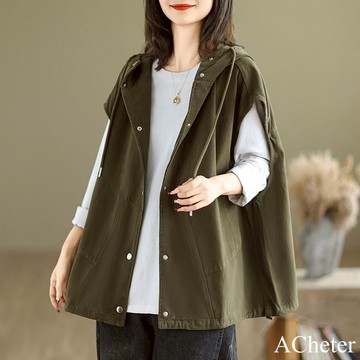 【ACheter】棉麻大碼文藝連帽寬鬆外套坎肩工裝背心短版# 120722 (現貨+預購)