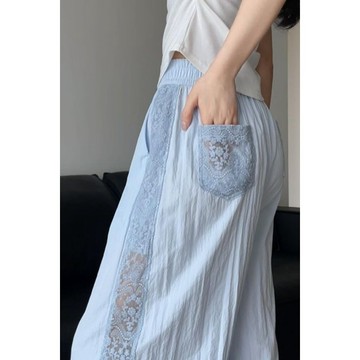 【全網最低價】#涼感#【高腰顯瘦】韓系鬆弛感蕾絲肌理褲女夏季薄款2025新款辣妹百搭冰絲高腰休閒褲