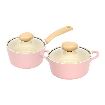 NEOFLAM Retro系列 陶瓷塗層鑄造湯鍋 2件組  粉紅色  單柄湯鍋 18cm+雙耳湯鍋 18cm  1組