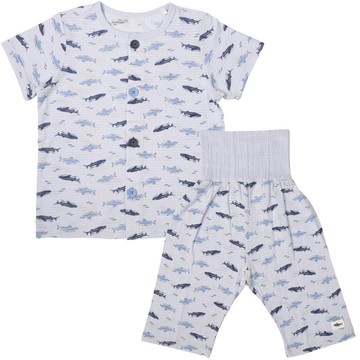 akachan honpo - 短袖前開式家居服-穿衣練習 鯊魚-淺藍色