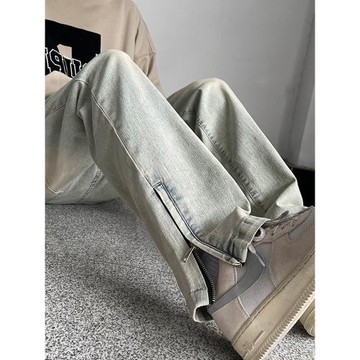 黃泥染拉鏈開叉牛仔褲男春季水洗做舊vibe美式拖地褲潮牌微喇褲子