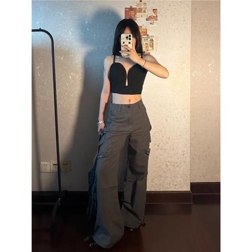 深灰色工裝褲女美式大口袋寬松直筒牛仔長褲辣妹高街闊腿休閑褲子