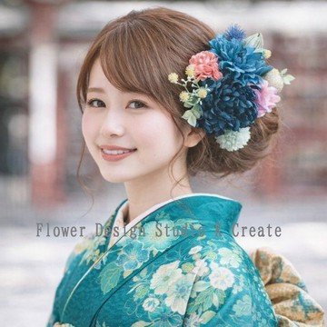 海軍藍與藍綠色系花朵髮飾，適合成人式、畢業典禮、婚禮，海軍藍、藍綠、薄荷綠、風鈴木、水引、和服袴