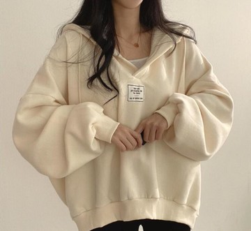 特大碼短款衛衣女大口領春秋冬加絨加厚連帽【繁星小鎮】