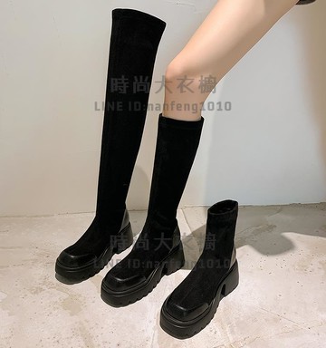 彈力過膝長靴女秋冬高跟厚底瘦瘦靴包腿騎士靴顯瘦【時尚大衣櫥】