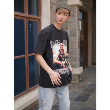 籃球扎克·拉文Zach LaVine水洗做舊印花純棉T恤復古短袖嘻哈圓領