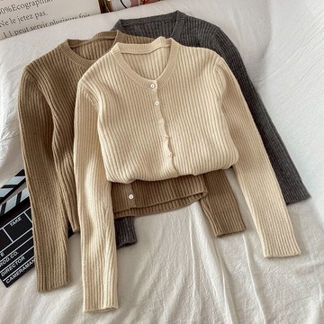 早秋上衣女年新款毛針織開衫長袖襯衣氣質修身顯瘦短款打底衫