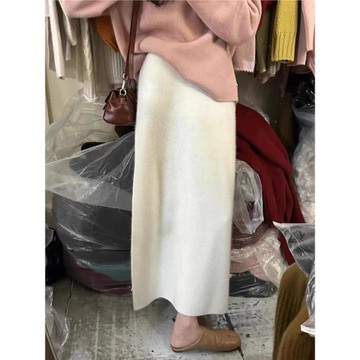 浣熊絨羊毛針織半身裙秋冬款女羊絨裙長裙白色毛呢半裙加厚直筒裙