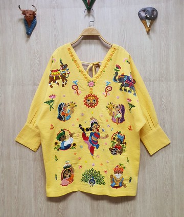 手工刺繡連衣裙、棉布、印度、大象、駱駝、孔雀